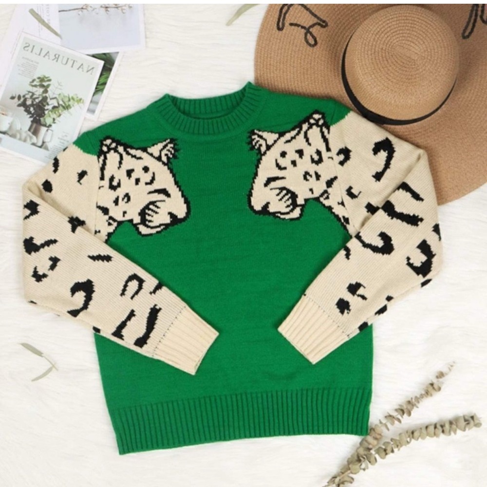 Boho Green Leopard Cozy Sweater